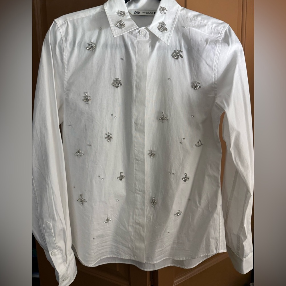 Zara White Beaded Embellished Button-Down Shirt - NWT